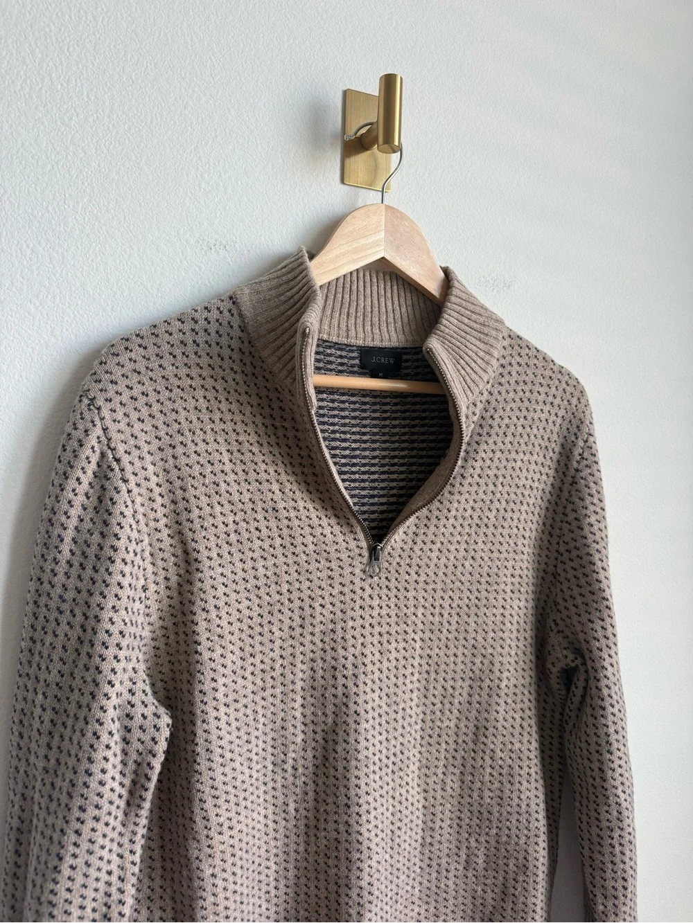 J.Crew Rugged Merino Birdseye Half Zip Sweater Tan Navy Men's Medium